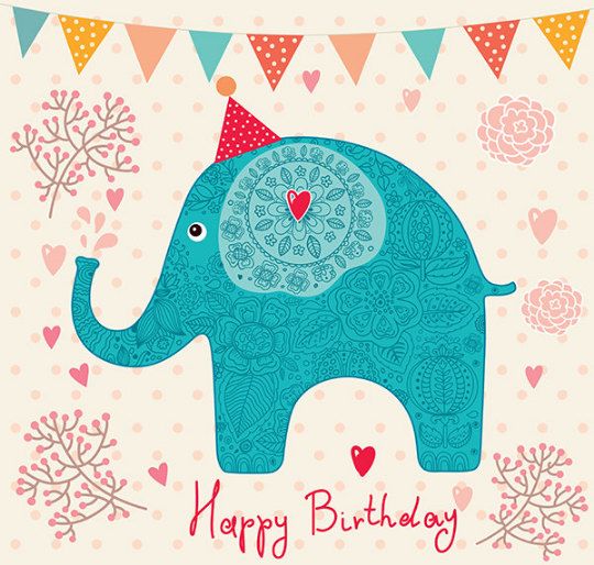 Happy birthday poster with little blue elefant. fine art prints ... Poster per salotto