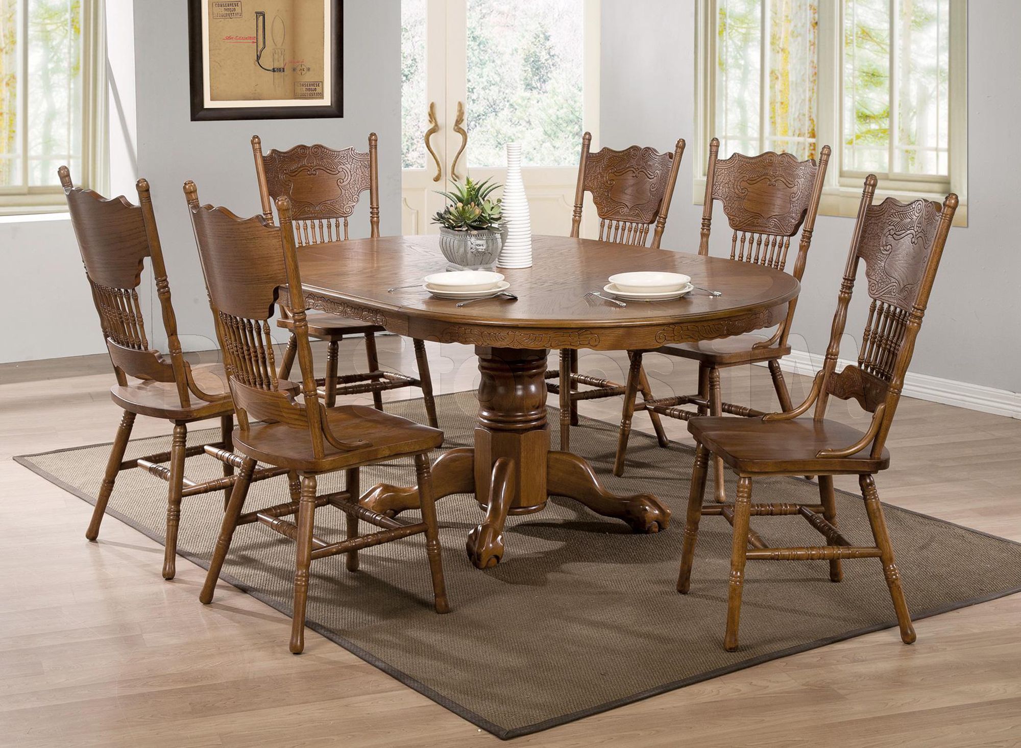 Traditional Oak Dining Set Oval 24" Extensions Leaf Dining Table