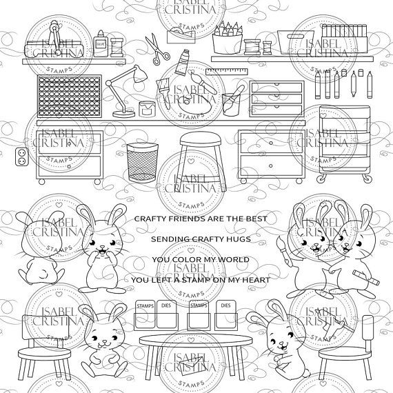 Crafty Bunnies - IsabelCristinaStamps Digital Stamps Color Crafts, Fun Crafts, Diy And Crafts, Digital Kit, Digital Stamps, Colouring Pics, Coloring Pages, Png, Simple Prints