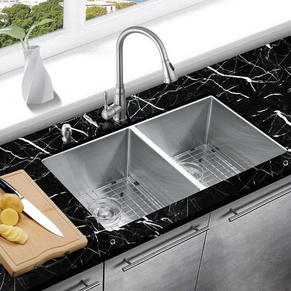 Handmade 33" L x 19" W Double Basin Undermount Kitchen Sink with Sink