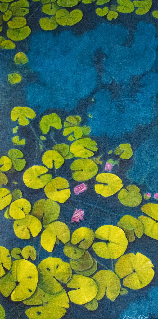 An original oil painting of a Japanese waterlily garden of a deep blue & aqua blue pond with floating golden yellow lily pads and purple flower blooms. It is painted on all four sides and requires no frame. 36"H x 18"W x 5/8"D floral painting is on canvas which is stretched on wood bars. #floralpainting #homedecor #flowerpaintings #waterliliespainting Water Lilies Painting, Lily Painting, Large Painting, Floral Painting, Original Oil Painting, Water Lily Drawing, Water Lilly, Water Art, Aesthetic Painting