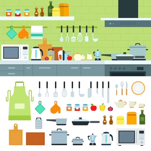 Cooking equipment products on the shelve... | Premium Vector #Freepik #vector #kitchen-equipment #kitchen-set #utensils #kitchenware Cooking Equipment Kitchen Tools, Cooking Tools, Cooking Utensils, Kitchen Utensils, Brick Accent Walls, Kitchen Island Bench, Kitchen Remodel Layout, Flat Illustration, Illustrations