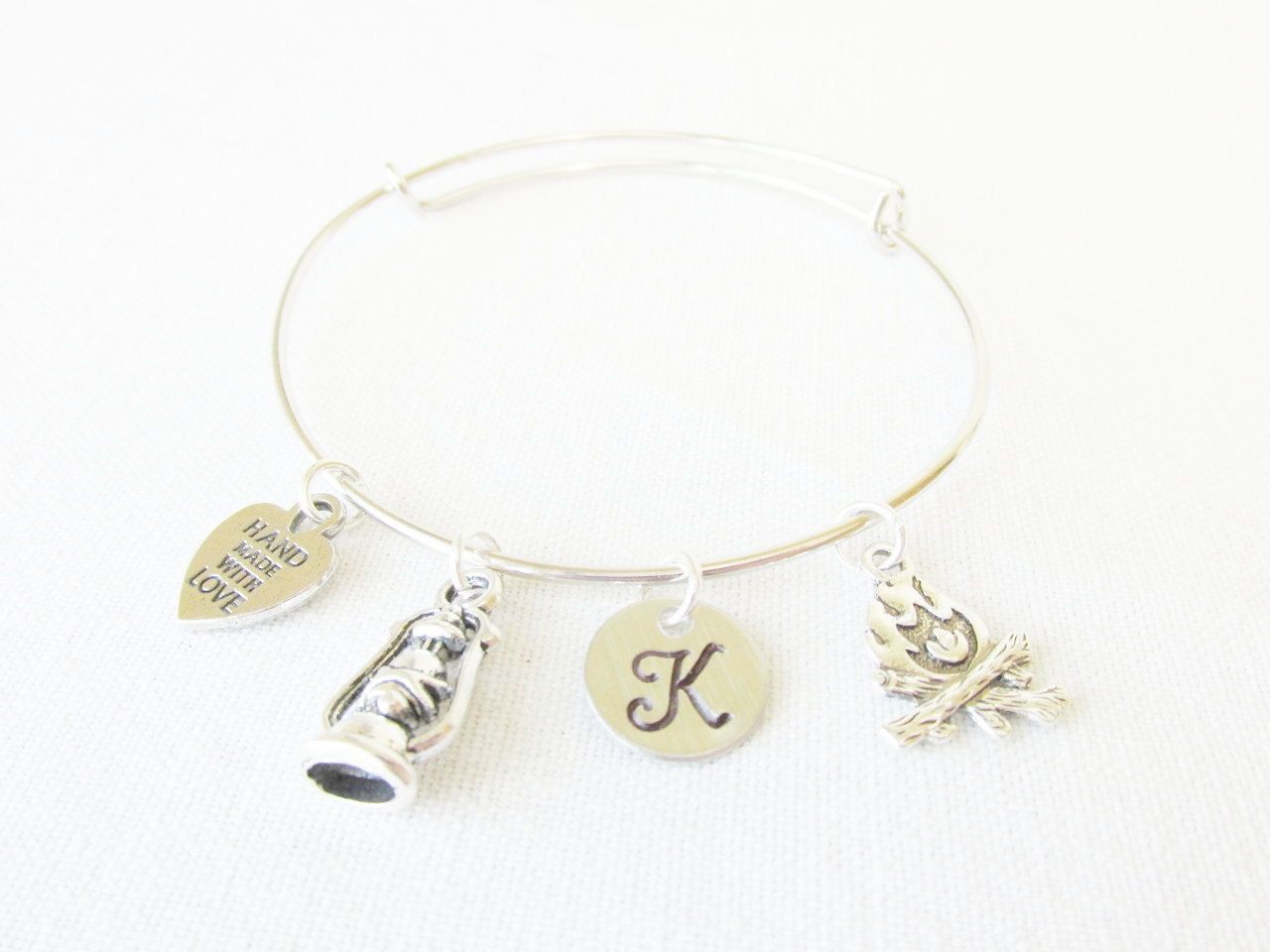 Camping Theme Alex and Ani Style Silver Adjustable Bangle, Camper's