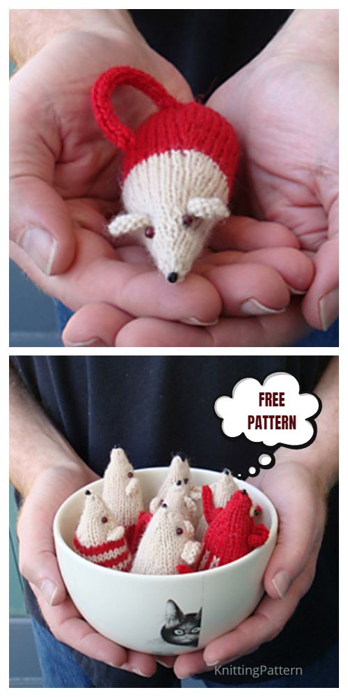 6 Knit Christmas Mouse Ornament Free Knitting Patterns - Knitting Pattern Christmas Knitting Projects, Knitted Christmas Decorations, Knit Christmas Ornaments, Christmas Knitting Patterns Free, Knitted Toys Free Patterns, Animal Knitting Patterns, Christmas Mouse, Stuffed Toys Patterns, Christmas Crochet
