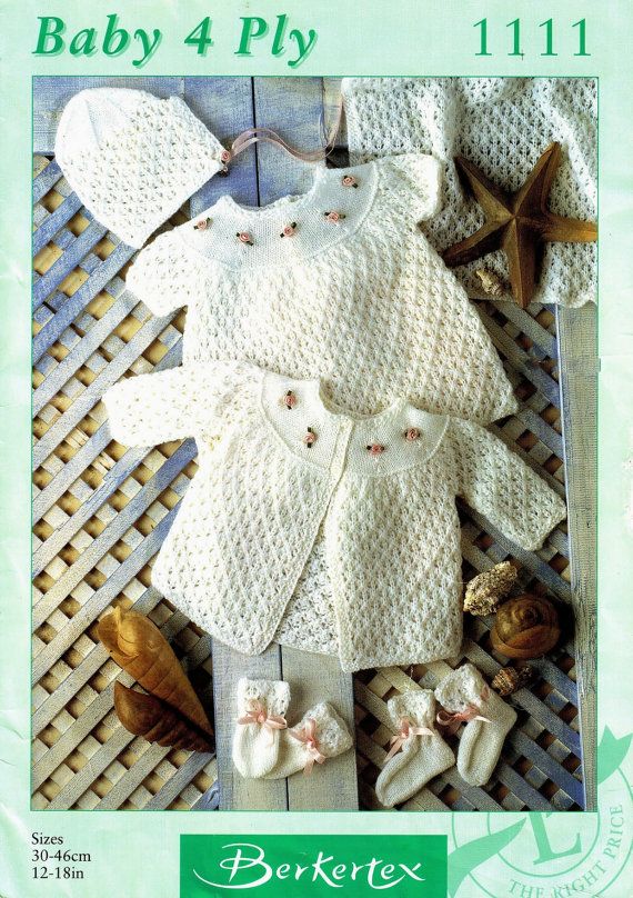 Berkertex 1111 Vintage Baby Girl Knitting Pattern 12-18/" dress shawl pram set