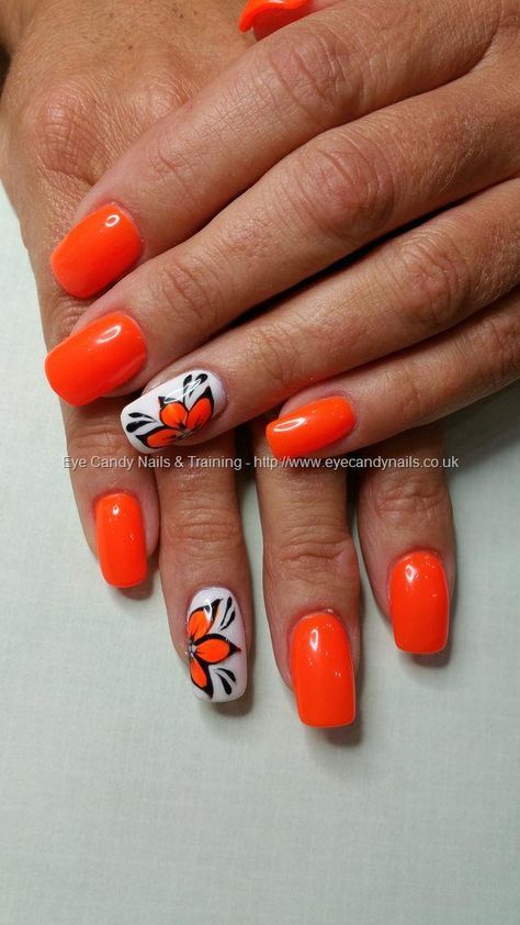 Orange fever gel polish with freehand gel flower nail art