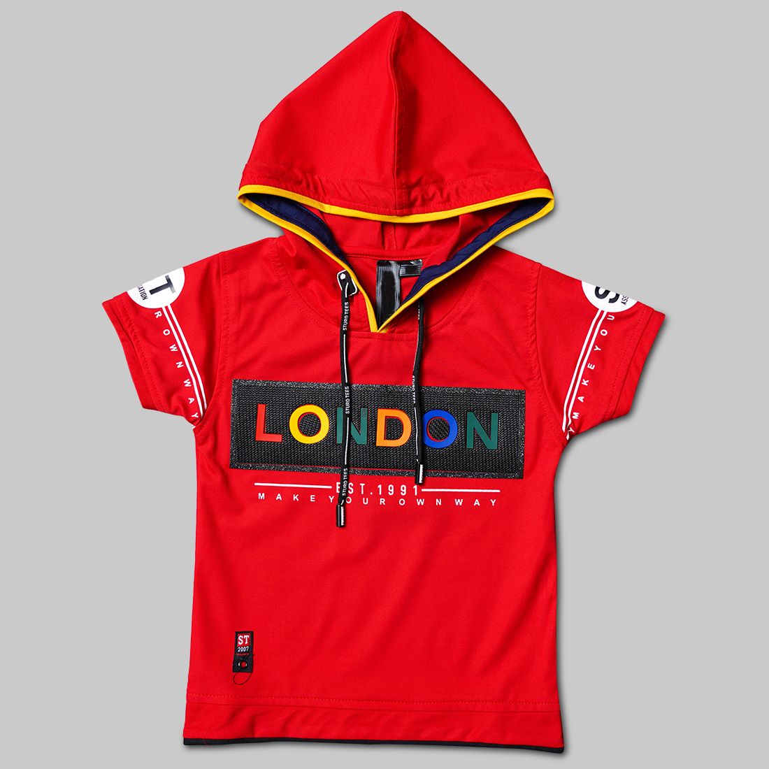 London Print Half Sleeve Hoodie T-Shirt | Mumkins Hip Hop Hoodies, Buy Hoodies, Mens Sweatshirts, Boys Party Dress, Kids Party Wear Dresses, Polo T Shirts, Shirts For Girls, Half Sleeve Hoodie, T Shirt Logo Design