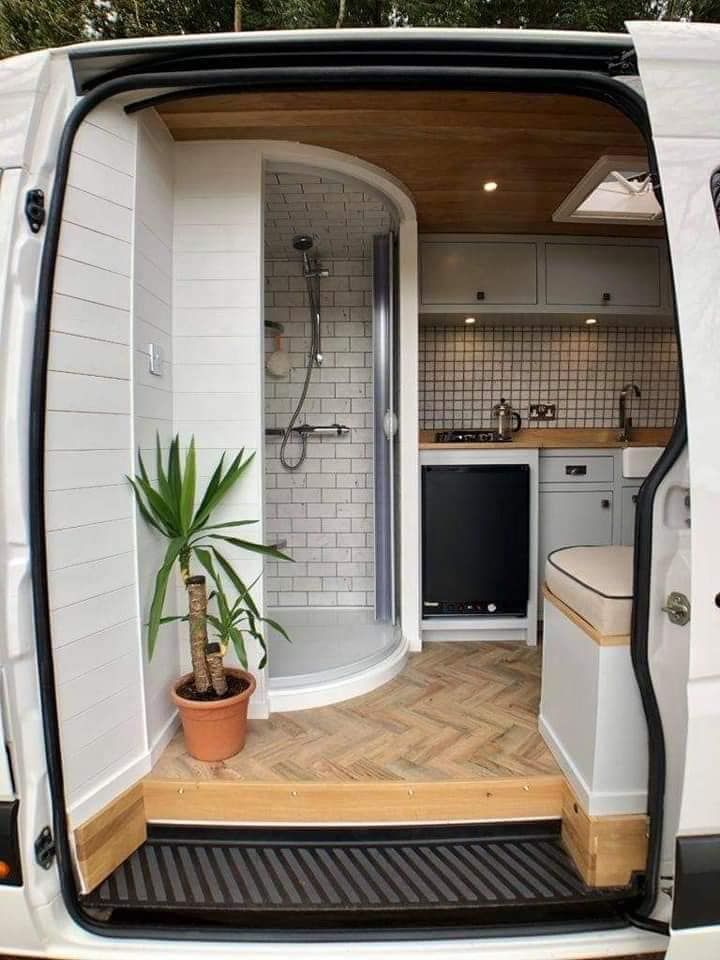 Van Conversion Shower, Van Conversion Interior, Camper Van Conversion Diy, Van Conversion With Bathroom, Cargo Trailer Conversion, Cargo Trailer Camper, Sprinter Van Conversion, Airstream Trailers, Travel Trailers