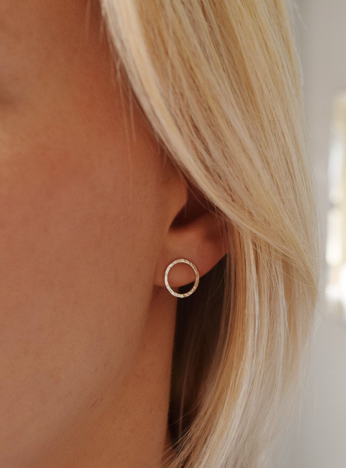 Circle Stud Earrings - Hoop Earrings - Silver or gold Stud Earrings - Dash Hammered Circle Post Earrings - Small Stud Earring