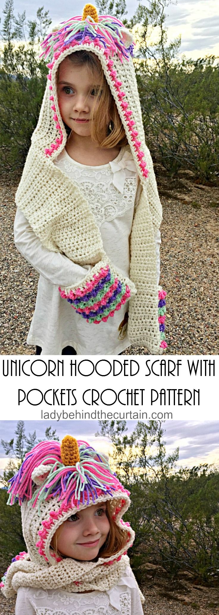 Unicorn Hooded Scarf with Pockets Crochet Pattern