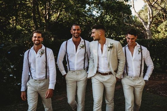 Groomsmen Outfits, Groom And Groomsmen Attire, Bridesmaids And Groomsmen, Groom Outfit, Groomsmen Suspenders, Mint Wedding Groomsmen, Linen Suit Groom, Suit With Suspenders, Vintage Groomsmen