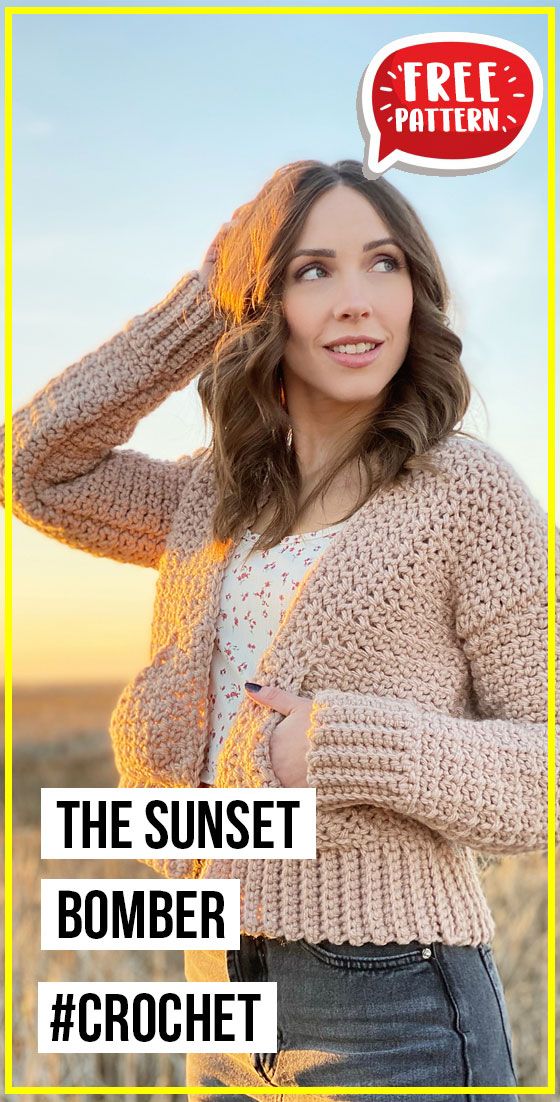 crochet The Sunset Bomber free pattern - FREE Crochet Jacket Pattern for Beginners. Click to Get the Pattern #Jacket #crochetpattern #crochet via @shareapattern.com Free Crochet Jacket Patterns, Free Knitting Patterns For Women, Crochet Cardigan Pattern, Crochet Stitches, Free Crochet Pattern, Crochet Woman, Love Crochet, Knit Crochet, Crochet Tops