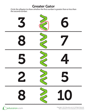 Greater Gator 2 Worksheet Education Com Math Activities Preschool Kids Math Worksheets Kindergarten Math Worksheets