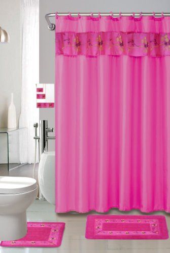Hot Pink 18piece Bathroom Set 2rugsmats 1fabric Shower Curtain 12fabric Covered Rings 3pc Dec Curtains Accessories Rugs Hot Pink 18piece Bathroom Set 2rugsmats, Pale Pink Shower Curtain Uk