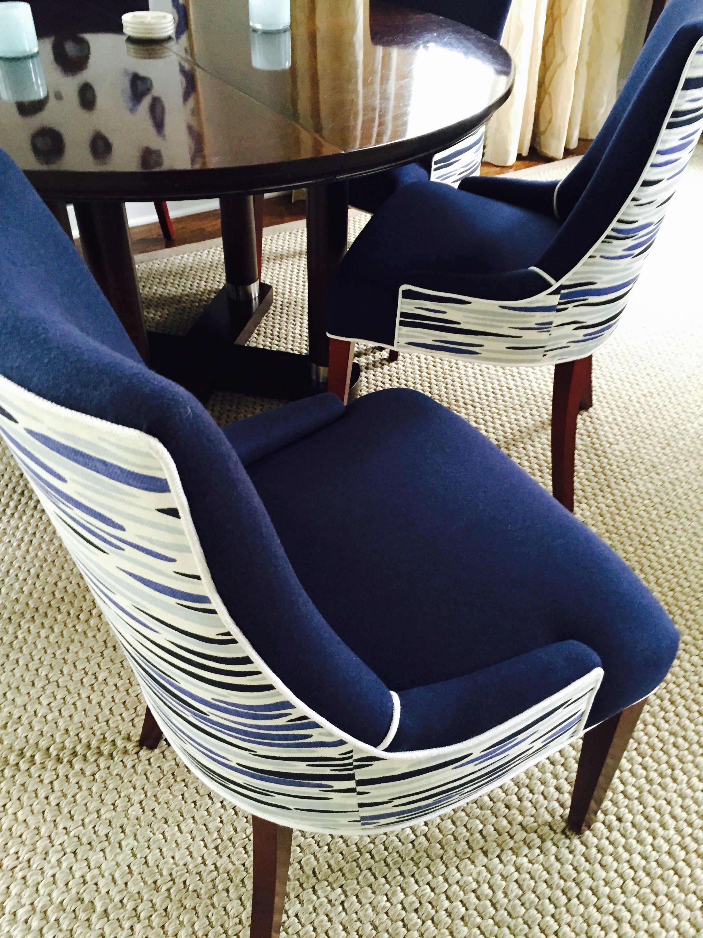 Leopold Group Designed Custom Upholstered Dining Chairs In Lulu Dk Leopold Group Designed Custom Upholstered Dining Chairs In Lulu Dk Fabric Robert Allen Wool Blazer Navy Zimmer Rohde White Linen Contrasting Welt