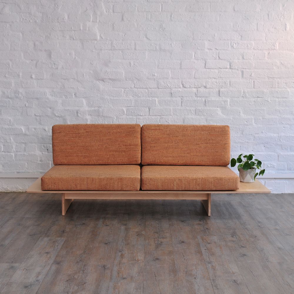 Mupu Living Furniture - Flat Pack Birch plywood sleeper couch with Cork leather Cushions. Plywood Furniture, Living Furniture, Leather Cushions, Sleeper Couch, Minimalist Flat, Sustainable Furniture, Online Furniture Stores, Birch Plywood, Cape Town