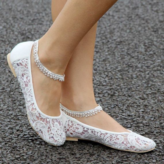 Love the anklets. Ladies wedding ballet flat shoes with ivory lace