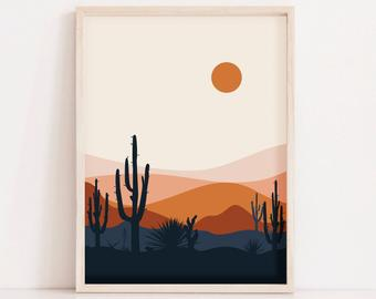 Minimalist Digital Print Abstract Wall Art Mid Century Modern Printable Boho Decor Burnt Orange Art Desert Cactus Wall Art Abstract