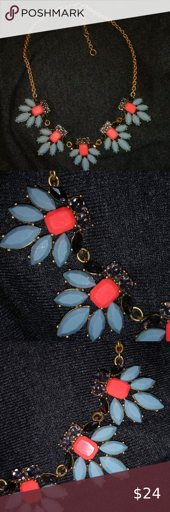EUC J Crew Statement Necklace Blue and orange flower design With blue crystals B… EUC J Crew Statement Necklace Blue and orange flower design With blue crystals B…