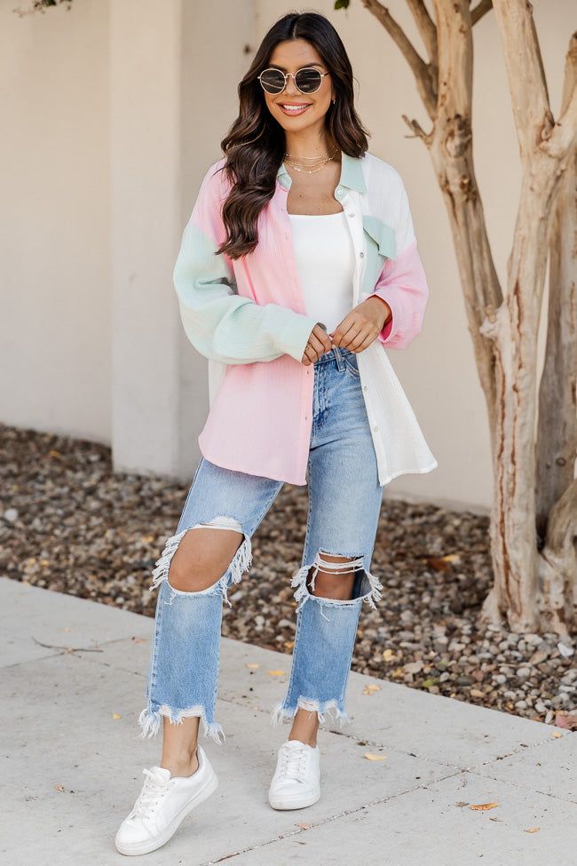 Details Sage and pink coloblock blouse Textured gauze fabric has no stretch, relaxed fit Collared neckline with a button front, split hem, and pocket Pair this cute top with jeans and sneakers Unlined Size small from shoulder to hem: 27" Material and Care 100% cotton Hand wash, dry flat Patterns may vary Materials may have natural variations Colors may vary from different viewing devices. Jenny White, Flats Patterns, Pink Lily, Jeans And Sneakers, Gauze Fabric, Split Hem, Blouse Styles, Cute Tops, Sage