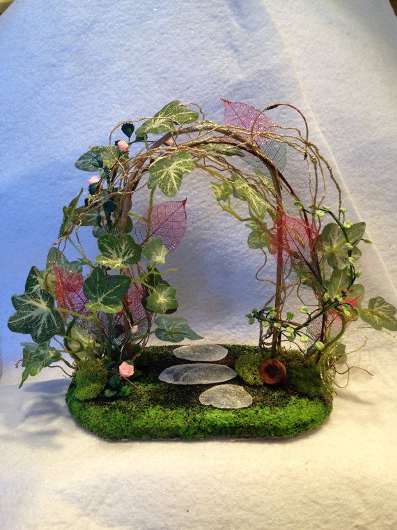 Fairy Garden Ivy Arbor With Roses, Stone Pathway, Flower Pot and Clover Path Fairies Garden Entrance Display Decor Decoration
