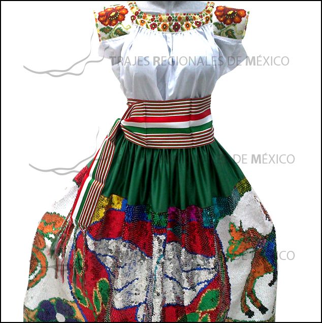 vestido profesional de china poblana decorado a mono con lentejuelas