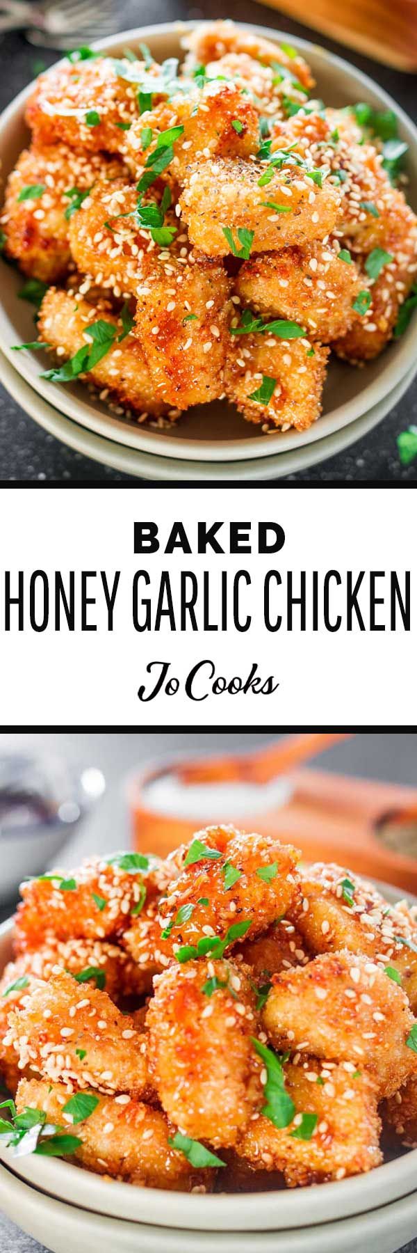 Baked Honey Garlic Chicken - these little chicken bites are breaded and baked to crispy perfection, then drizzled with an amazing sweet, spicy, and garlicky sauce. #baked #bakednotfried #honeygarlic #chicken Bhg Recipes, Asian Recipes, Cooking Recipes, Ethnic Recipes, What's Cooking, Baked Honey Garlic Chicken, Breaded Chicken, Boneless Chicken, Favorite Recipes Chicken