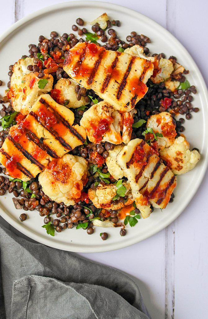 Warm halloumi & lentil salad with harissa & honey dressing