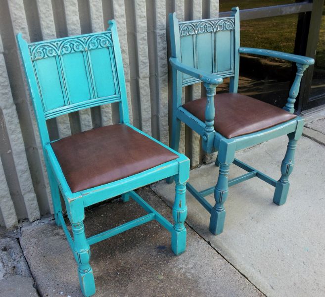 old oak chairs in turquoise and sea blue both distressed and with