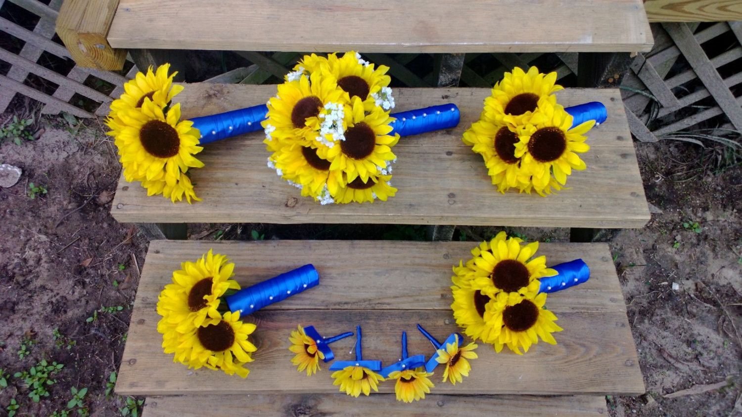 Sunflower And Royal Blue Wedding Bouquets