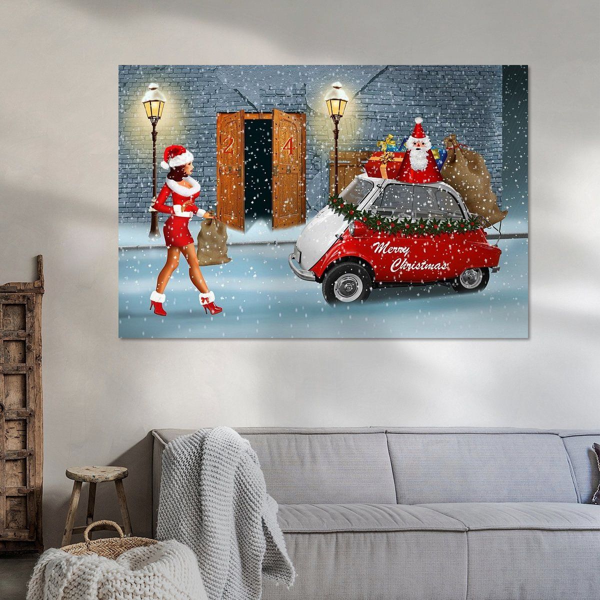 Koop het kunstwerk 'De kerstman kreeg hulp' van Monika Jüngling als schilderij op canvas, aluminium dibond, HD Metal, (ingelijste) fotoprint, behang, en meer. Merry Christmas, Snoopy, Canvas, Prints, Painting, Fictional Characters, Art, Products, Merry Little Christmas