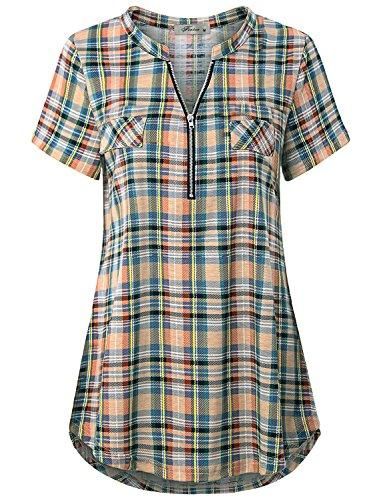 Finice Women's Zip V Neck Short Sleeve Casual Plaid Shirt #women#39;scasualstyle