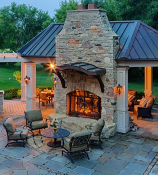 Outdoor space & fireplace Brick instead, love the idea of a double sided fireplace! Outdoor Gazebos, Outdoor Rooms, Outdoor Living, Outdoor Kitchen, Rustic Outdoor, Outdoor Furniture, Indoor Outdoor, Outdoor Fireplace Patio, Outdoor Fireplace Designs
