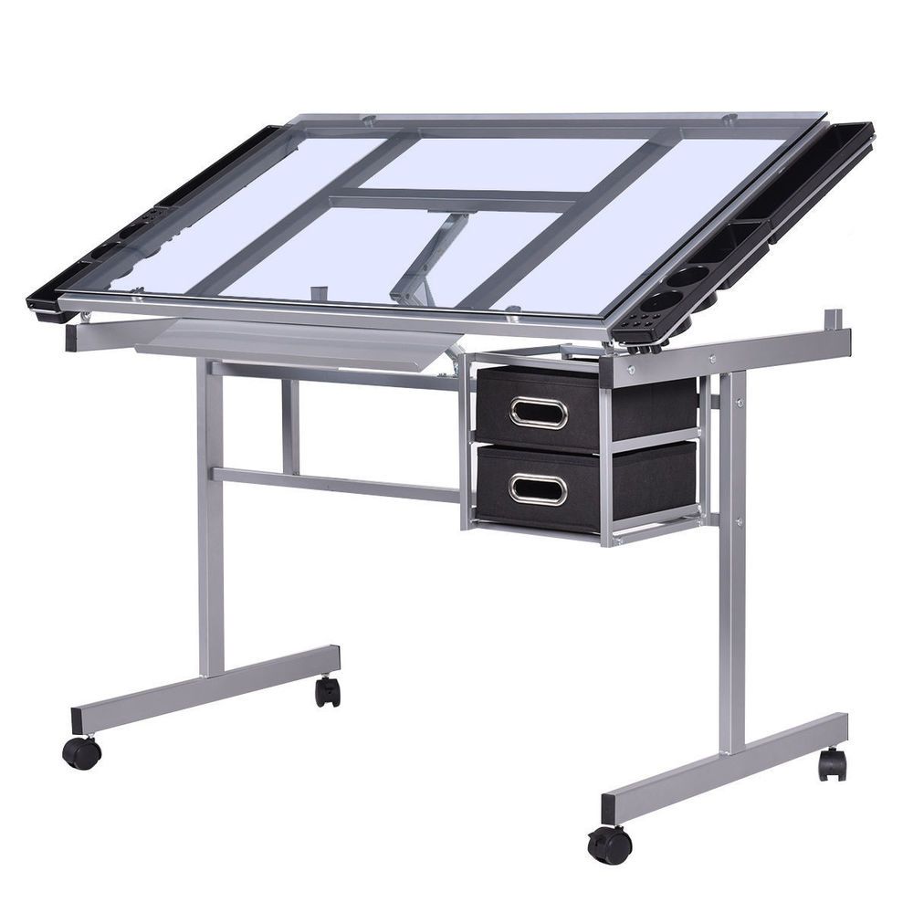 Adjustable Drafting Table Glass Drawing Craft Art Hobby Desk Rolling Folding