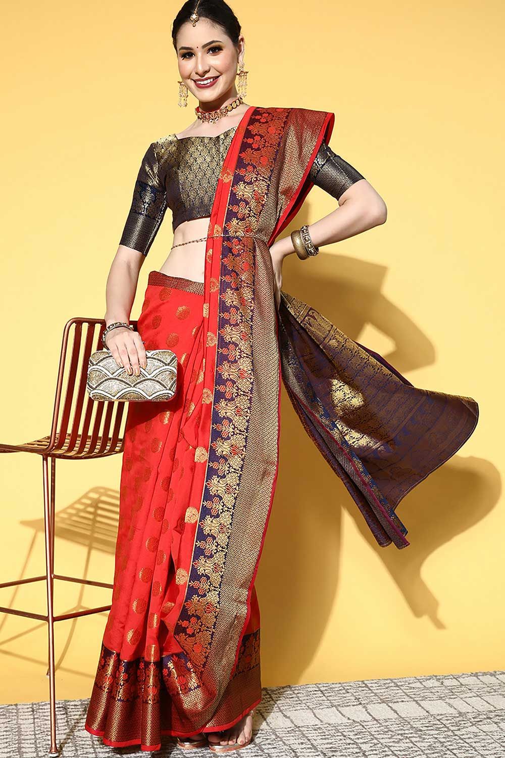 This saree is made from Silk Blend and is Red in color. This Ethnic Sarees comes With Blouse Piece, Which can be Stitched according to Your Taste and Preference. This Saree is Crafted by Skill Craftsmen without Compromising on its Quality. With This Beautiful Design and Fabric, This Saree will fetch You Oodles of Compliments and Praise. saree fit size is 5.5 mtr saree & 0.8 mtr blouse, Free Size |. Product Features: Saree Color: Red Blouse Color: Navy Blue Saree Fabric: Silk Blend Blouse Fabric: Ethnic Sarees, Banarasi Sarees, Navy Blue Saree, Saree Styles, Red Silk, Fetch, Red Blouses, Free Size, Praise