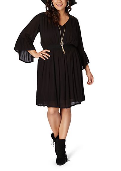 Plus Black Bell Sleeve Gauze Dress Dresses Gauze Dress Casual Dresses