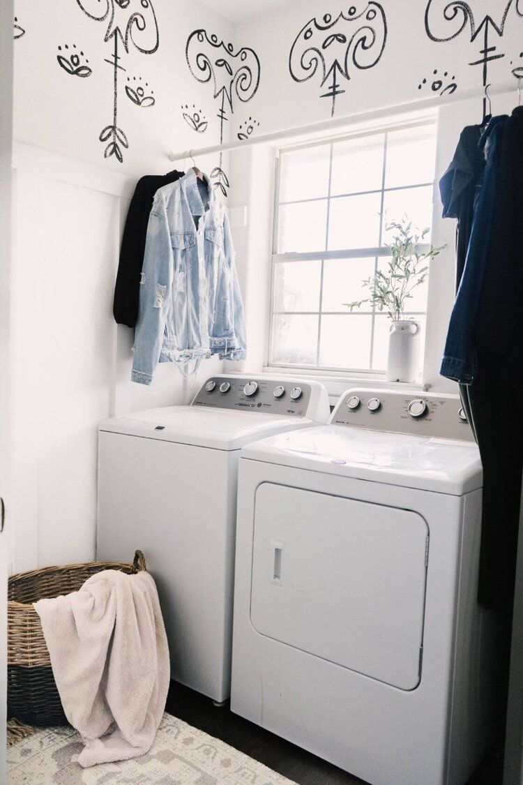 Hand Painted Accent Wall Faux Wallpaper Laundry Room Makeover Farmhouse Living Laundry Room Makeover Laundry Room Inspiration Room Makeover