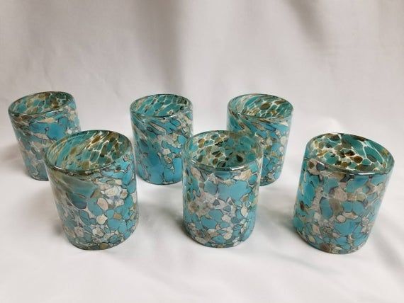 6 Low Ball Tumbler Glasses - Teal and Tan Confetti