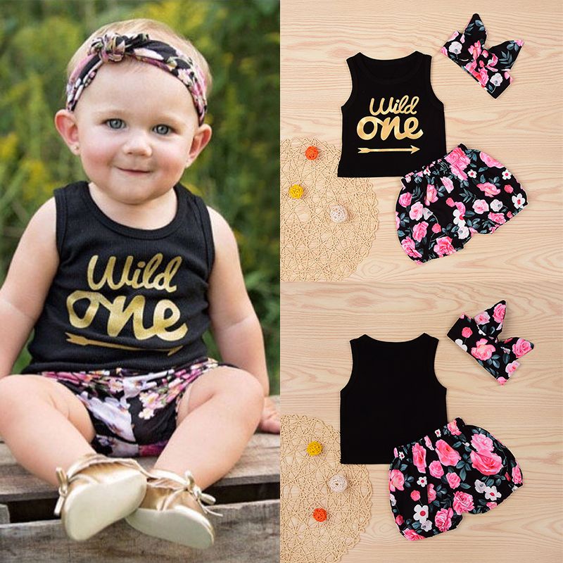 Infant Baby Girl Kid Sleeveless Flowers Vest Tops T Shirt+Shorts Outfits Set