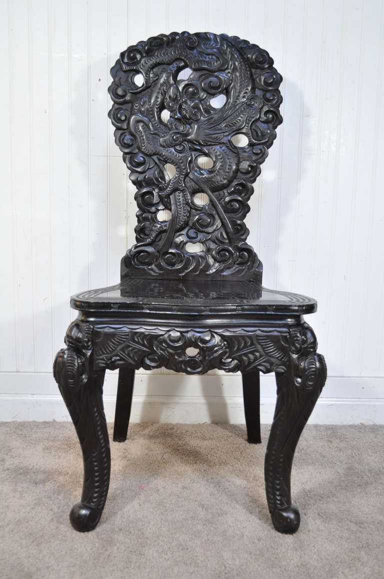 Exquisitely Carved Dragon Ebonized Oriental Chinese Writing Desk Exquisitely Carved Dragon Ebonized Oriental Chinese Writing Desk and Side Chair - Exquisitely Carved Dragon Ebonized Oriental Chinese Writing Desk