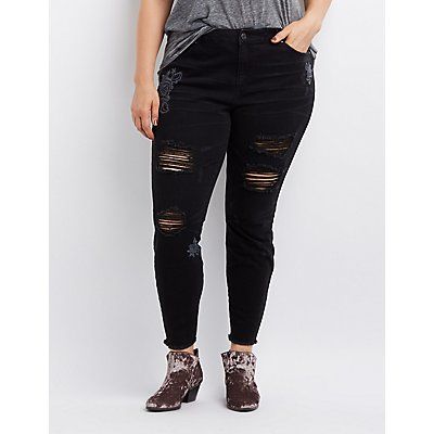 BLACK RIPPED JEANS Skinny Denim Stretch Destroyed Distressed PLUS SIZE 1-18 45
