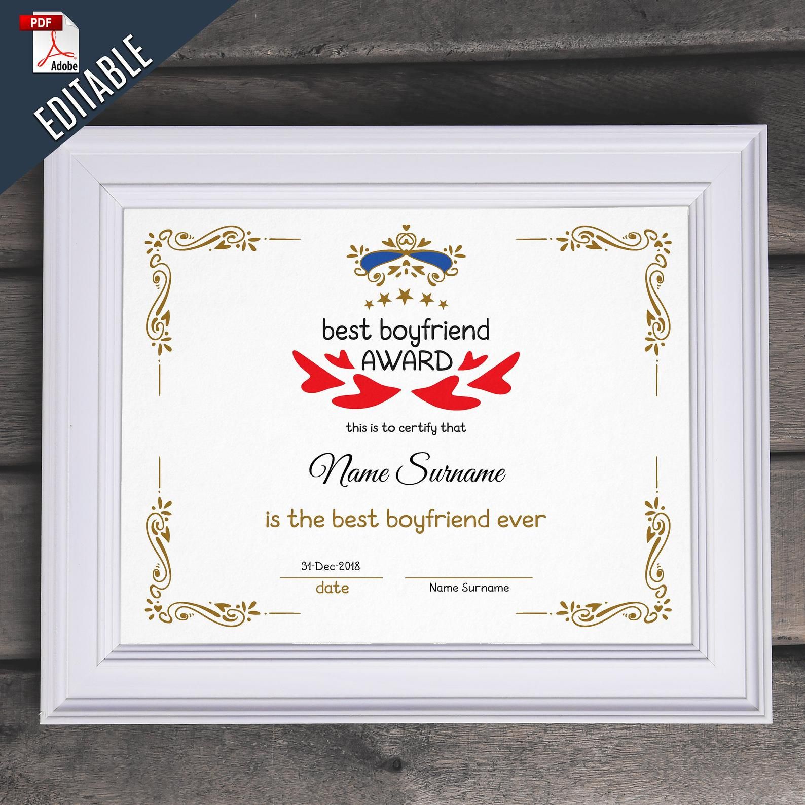 Best Boyfriend Award Editable Template Editable Best Boyfriend Etsy In 2021 Certificate Templates Best Boyfriend Editable Certificates
