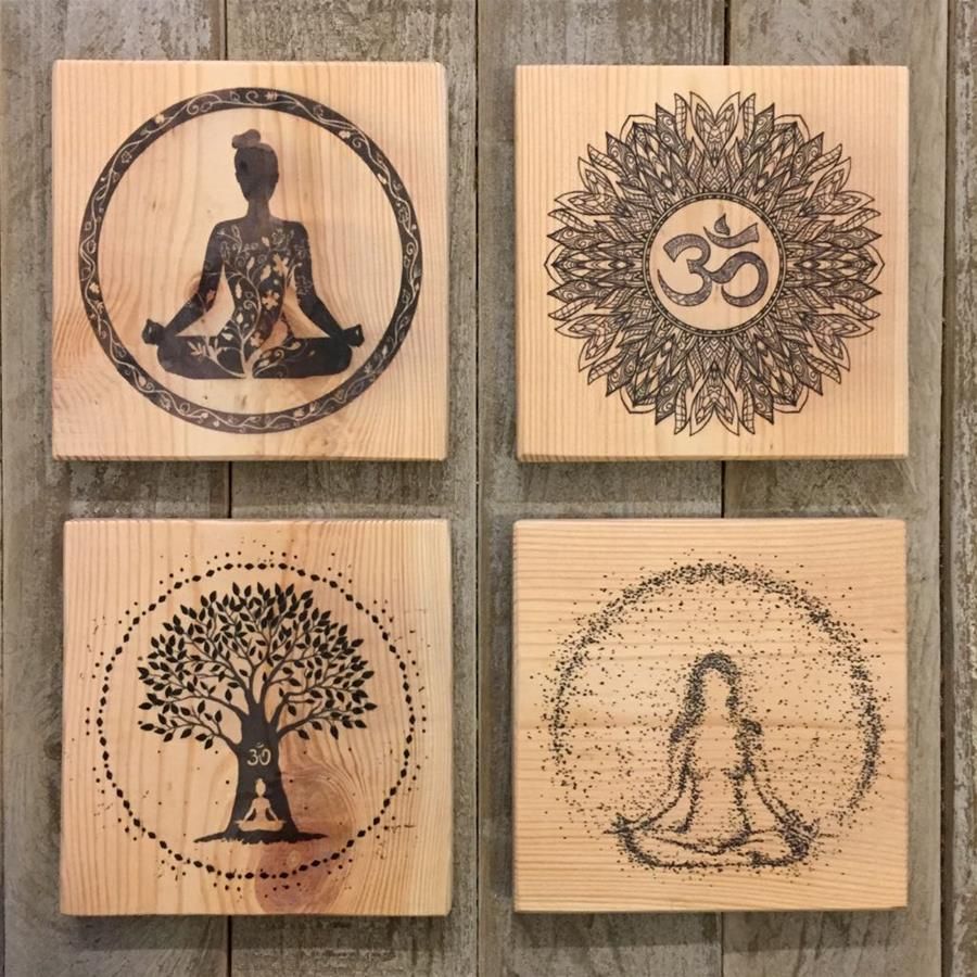 Masif Ahsap 4 Lu Yoga Dekoratif Mini Tablo Seti Tasarimlari Wooden Wall Hangings Yoga Decor Hanging Wall Art