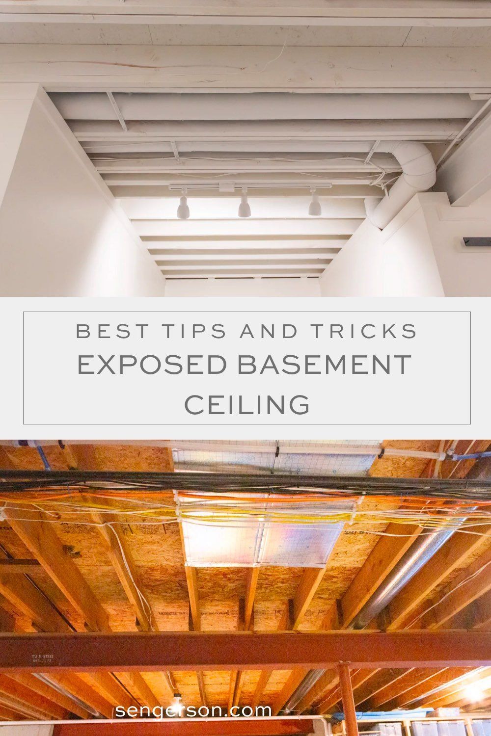 Exposed basement ceiling | painting ceiling white | ceiling painting | exposed beams | #basement #basementideas #basementceiling #ceilingideas Unfinished Basement Ceiling, Open Basement, Basement Office, Basement House, Basement Bedrooms, Unfinished Basements, Basement Finishing, Basement Bars, Painted Basement Ceilings