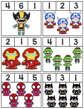 1 clip cards featuring superheroes to help teach numbers