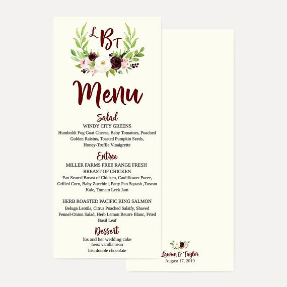 Marsala Watercolor Floral Wedding Party Menu Template 4x8 wedding - party menu template Marsala Watercolor Floral Wedding Party Menu Template 4x8 wedding - party menu template