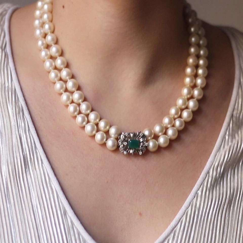 Joyas antiguas, collar de perlas cultivadas con broche de Mujeres Vintage de cristal brillante con perlas de relojes
