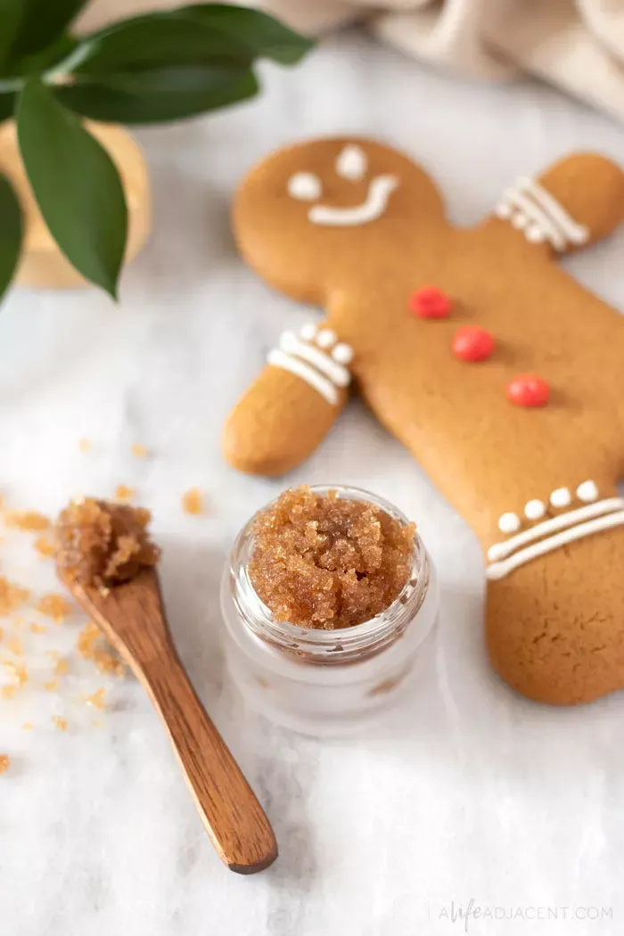 This festive DIY lip scrub smells just like freshly baked gingerbread cookies! Learn how to make an easy gingerbread lip scrub for the holiday season. This homemade exfoliator is perfect moisturizing and exfoliating dry winter lips. Natural ingredients like brown sugar, coconut oil, and honey combine to create a delicious scent and yummy flavour. Plus, it’s edible! #lipscrub #alifeadjacent #sugarscrub Lip Scrub Diy, Sugar Scrub Recipe, Sugar Scrub Diy, Face Scrub Homemade, Easy Homemade, Sugar Scrubs, Salt Scrubs, Holiday Lip, Diy Holiday