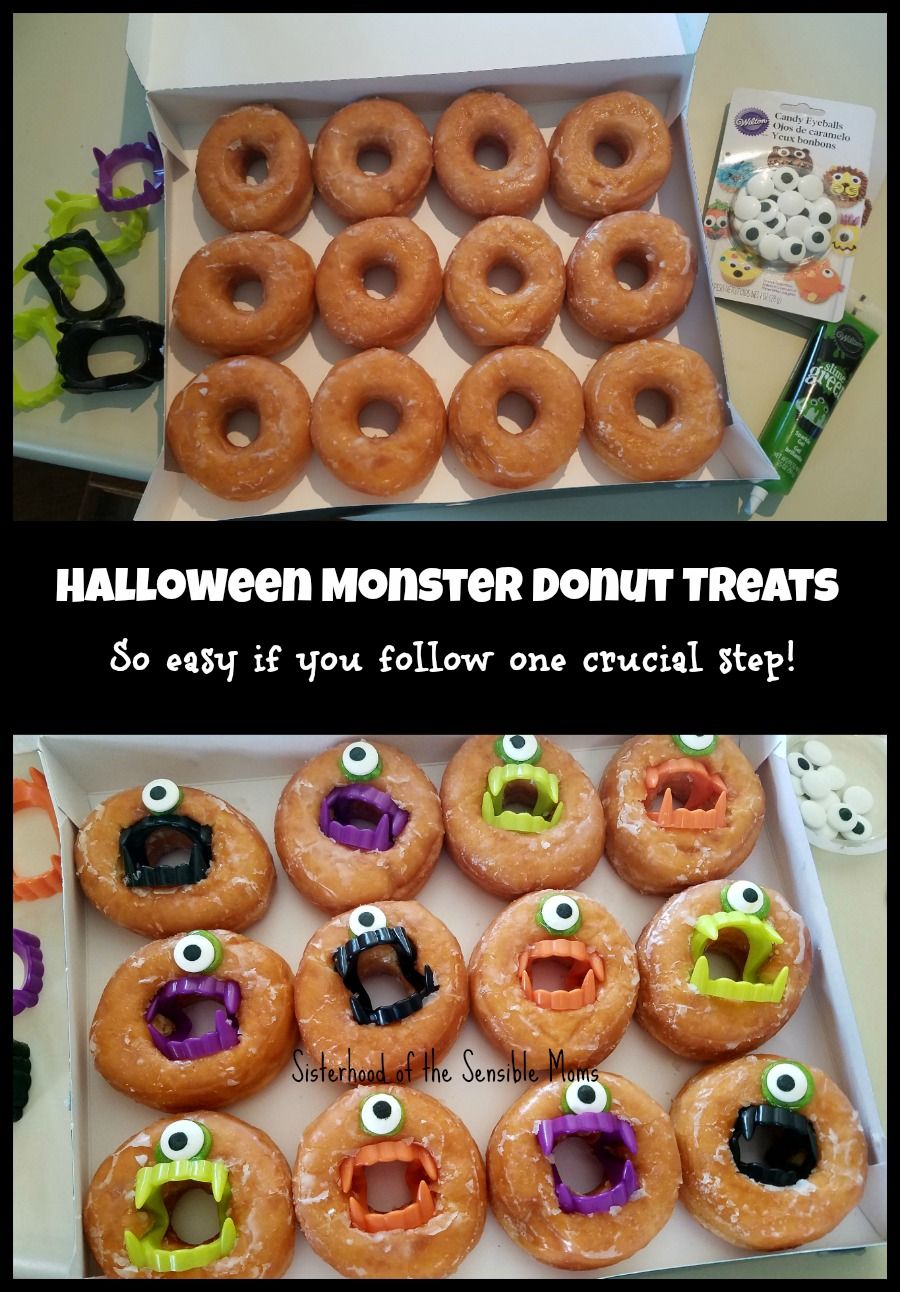This amazingly adorable Halloween Monster Donuts DIY is incredibly easy, but it can trick you if you don't heed this one crucial key to success! | Sisterhood of the Sensible Moms Comida De Halloween Ideas, Halloween Treats For Kids, Halloween Appetizers, Birthday Halloween Party, Halloween Goodies, Halloween Monster, Halloween Food For Party, Halloween Recipes, Halloween Party Decor