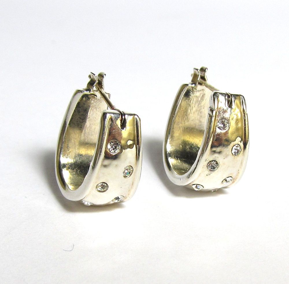 Great Vintage Monet Silver Plated Cz Huggie Hoop Earrings Solid 14k Great Vintage Monet Silver Plated Cz Huggie Hoop Earrings Solid 14k Gold Posts